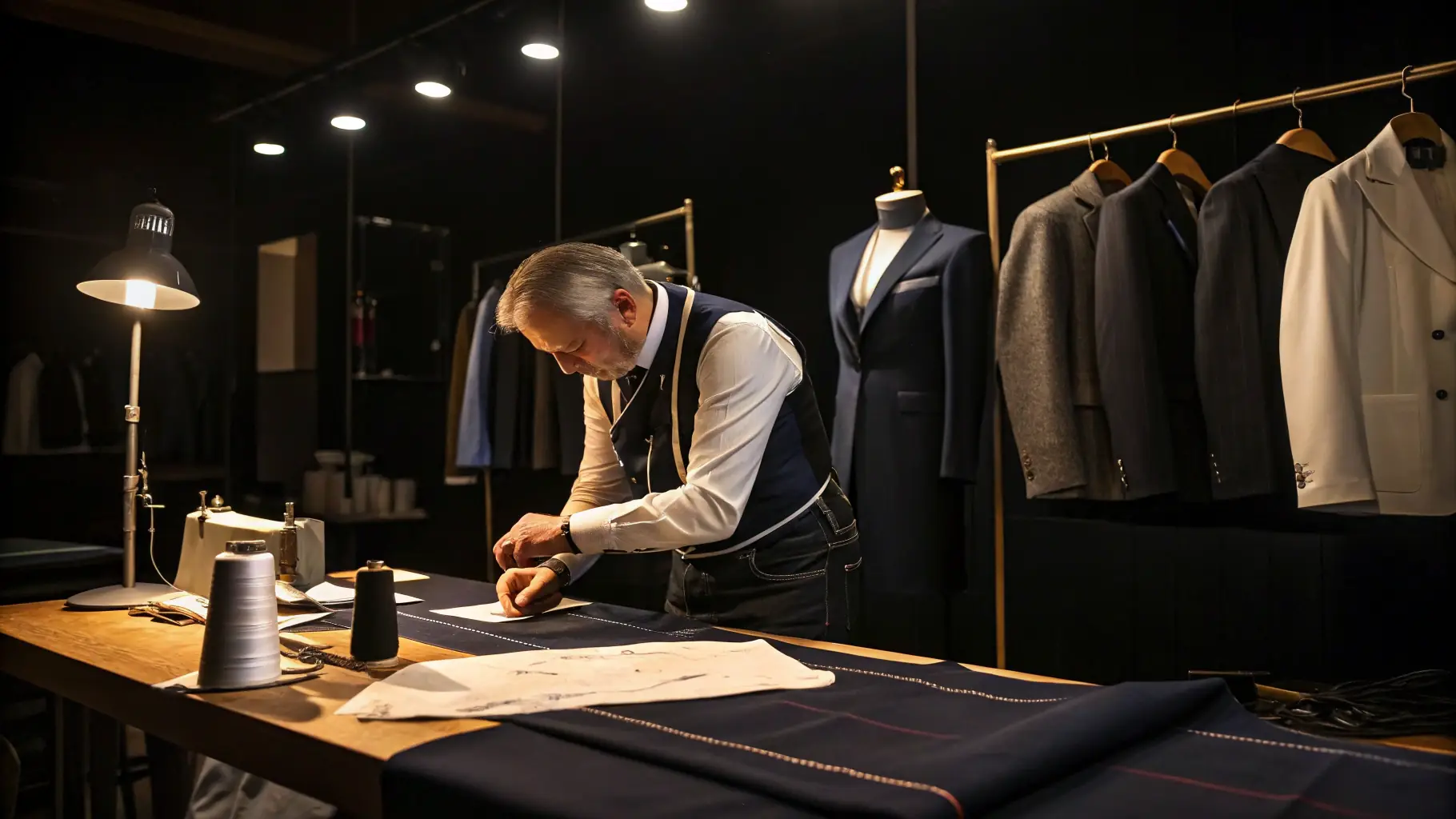 A close-up shot of a tailor's hands meticulously working on a garment with fine stitching, showcasing attention to detail and craftsmanship.